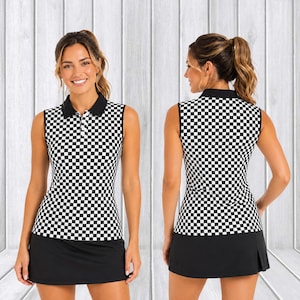May include: A sleeveless polo shirt featuring a black and white chequered pattern with a solid black collar and a matching solid black skirt. The shirt has a button-up placket at the neckline and is shown from both the front and back views.