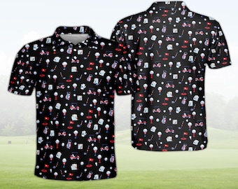 Patriotisches Golf-Polo-Shirt für Männer, Sterne und Streifen USA Golf Cart Muster Leistung Polo, Golfbekleidung mit amerikanischer Flagge, Geschenk für Golfer