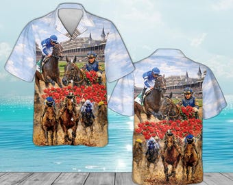 Vintage Kentucky Derby Horse Racing Hawaiian Shirt, Run for the Roses Aloha Top, Jockey and Thoroughbred Elegant Equestrian Sportswear