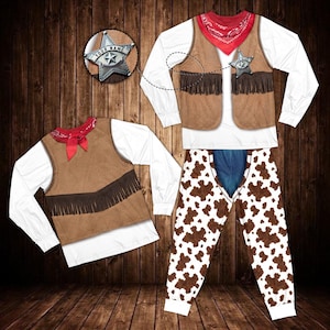 May include: A long-sleeve white shirt with an attached brown vest featuring dark brown fringe, a red bandana at the neck, and a silver star badge with the text YOUR NAME. Includes white pants with a brown cow print pattern and blue accents.