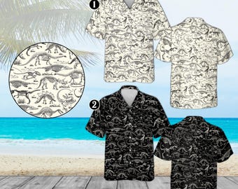 Skeleton Dinosaur Hawaiian Shirt for Kids, Cute Fossil Dino Print Summer Shirt, Prehistoric Skeleton Pattern, Fun Beach Vacation Outfit Gift