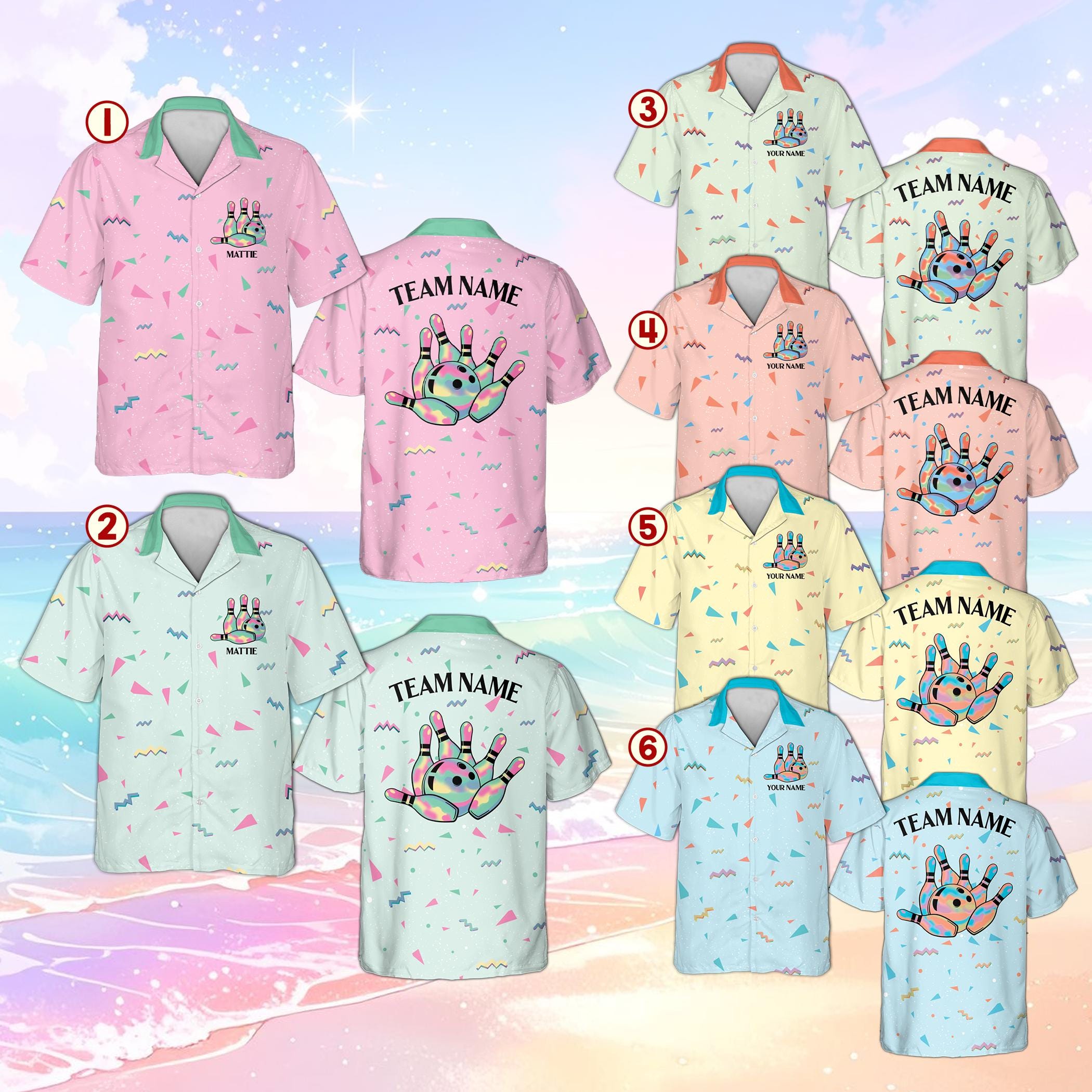 Discover Custom Geometric Gradient Bowling Hawaiian Shirt, Custom Name Team Shirt, Retro Bowling Party Outfit, Vintage Bowler League Uniform Gift