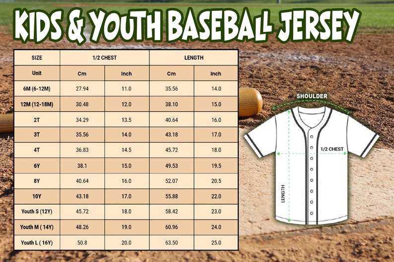 May include: A white baseball jersey with black trim, and a size chart for children and youth. The chart shows measurements in centimetres and inches for chest and length, from 6 months to youth sizes.