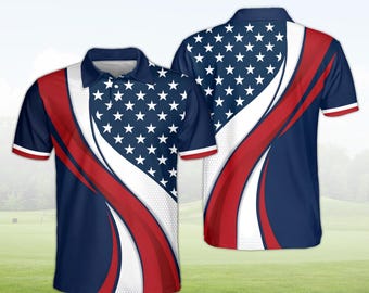 USA Patriotic Polo Shirt for Men, Performance Golf Polo with American Flag, Independence Day Gift for Him, Stars & Stripes Sportswear