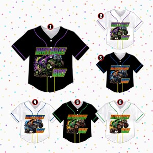 May include: Six baseball jerseys in black and white, each with a monster truck graphic and the text "BIRTHDAY BOY". The jerseys have contrasting trim and button closures. The jerseys are suitable for a birthday celebration.