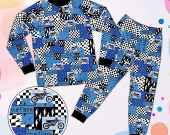 Personalized Dirt Bike Pajamas for Boys, Custom Name Motocross Sleepwear, Racing Theme Kids PJs, Checkerboard Toddler Pajama Set