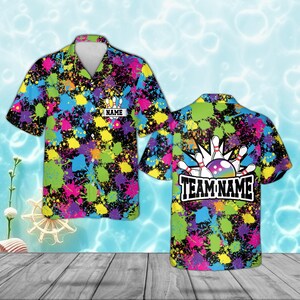 Chemise hawaïenne de bowling personnalisée avec éclaboussures de peinture néon, haut personnalisé Aloha King of Pins, uniforme de ligue dynamique, cadeau de sport pour les quilleurs