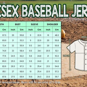 May include: A white unisex baseball jersey with a size chart showing measurements in inches and centimetres. The chart includes length, bust, sleeve, and shoulder measurements for sizes XS to 5XL. The jersey is displayed on a baseball field.