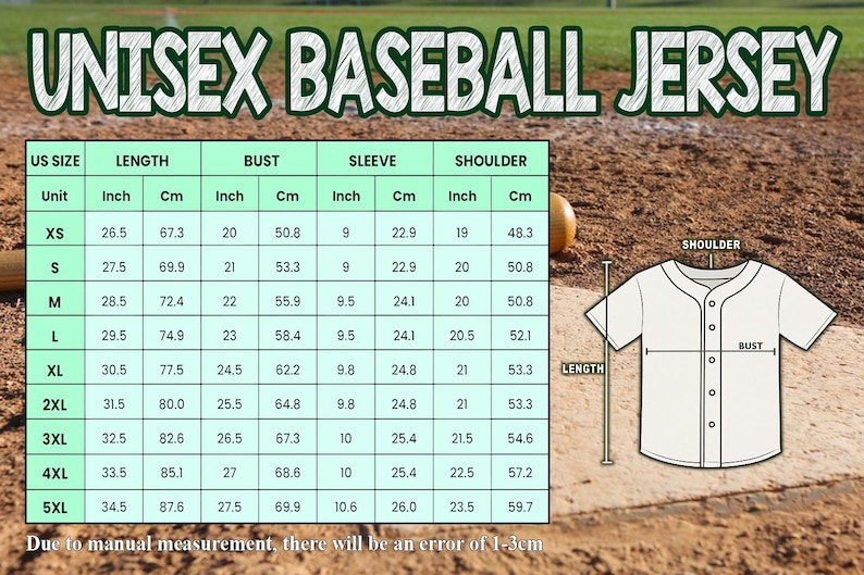 May include: A white unisex baseball jersey with a size chart showing measurements in inches and centimetres. The chart includes length, bust, sleeve, and shoulder measurements for sizes XS to 5XL. The jersey is displayed on a baseball field.