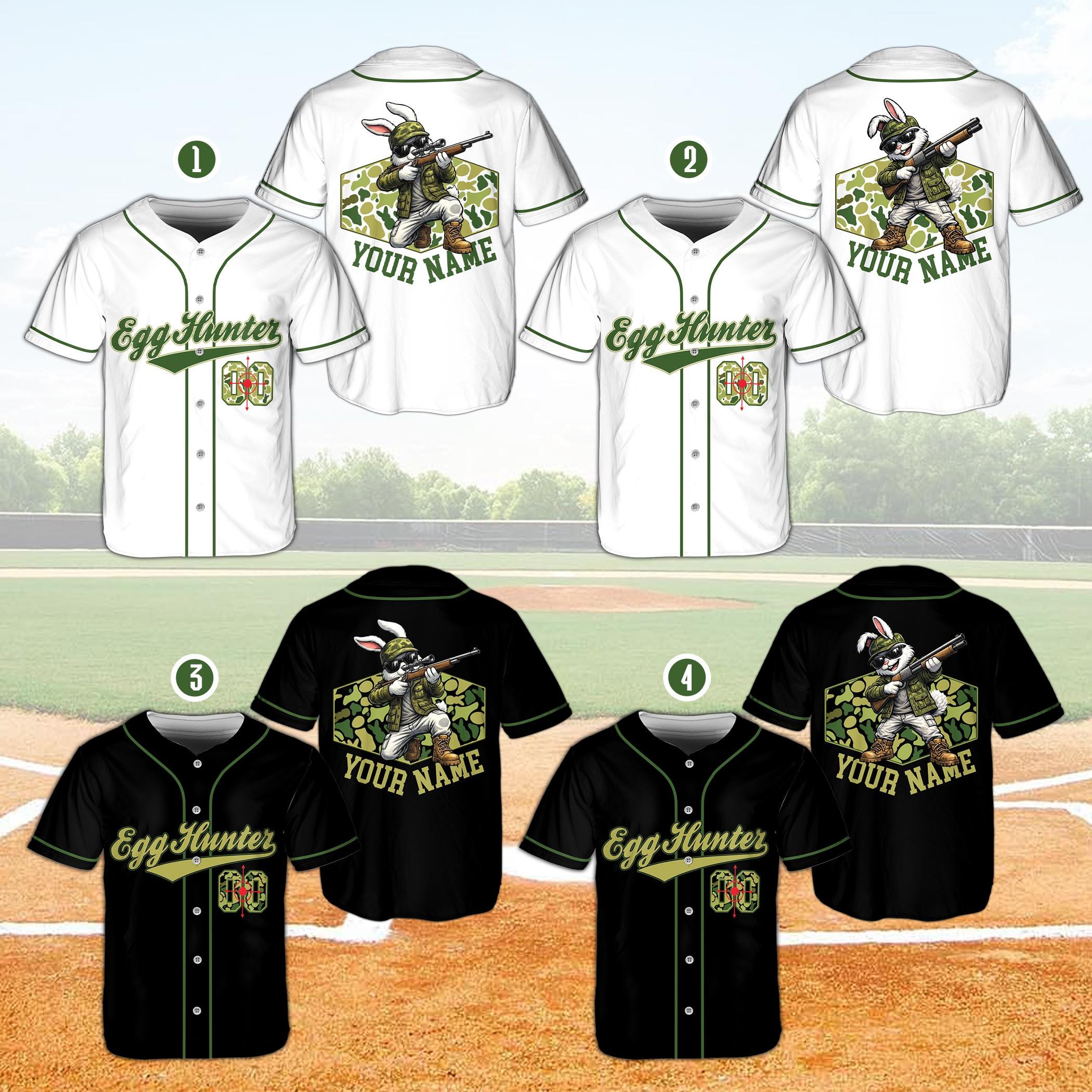 Discover Custom Egg Hunter Baseball Jersey, Funny Easter Bunny Sports Shirt, Personalized Hunting Rabbit Team Top, Camo Holiday Gift For Him