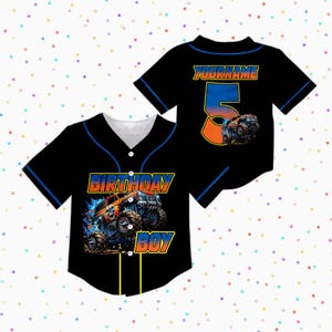 May include: Black baseball jersey with blue trim and a white collar. The front features a graphic of a monster truck with the text "BIRTHDAY BOY". The back displays the number "5" and the text "YOURNAME", with a monster truck graphic.
