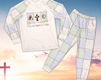 Christian Easter Pajamas, Religious Cross and Lamb Sleepwear, He Is Risen Lounge Set, Sunday School Gift, Custom Family Matching PJs