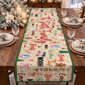 Könnte beinhalten: Ein gesteppter Weihnachts-Tischläufer mit cremefarbenem Hintergrund und einem wiederkehrenden Muster aus Lebkuchenmännern, Nussknackern, Schneekugeln, Rentieren und Tannenbäumen. Der Text The Smith Family ist mittig in roter Schrift gedruckt.