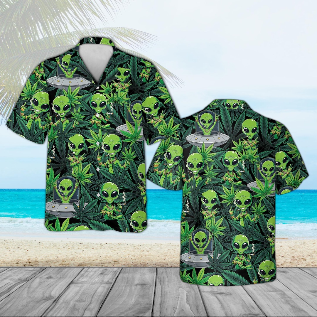 Alien Hawaiian Shirt, Funny Green Alien Print, Space Theme Button up ...