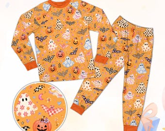 Halloween Pajamas for Family, Spooky Ghost Pumpkin Sleepwear, Matching Halloween PJs, Retro Boho Ghost Loungewear Set, Kids Adult Pajamas