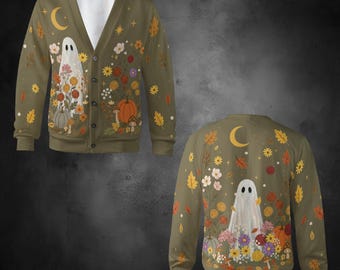 Gilet tricoté à motif floral fantôme, pull d'Halloween mignon et effrayant, gilet d'automne style cottage, vêtements d'automne citrouille et champignons, cadeau unisexe