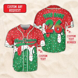 Personalized Merry Christmas Baseball Shirt, Ice Cream Sprinkles Pattern Jersey, Custom Name Number Holiday Tee, Waffle Cone Festive Top