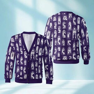 Gruselige Strickjacke, gotisches Bogenfenstermuster, Oversize-Halloween-Pullover, Strickjacke mit Geister- und Hexenmotiv, Kleidung im dunklen Stil