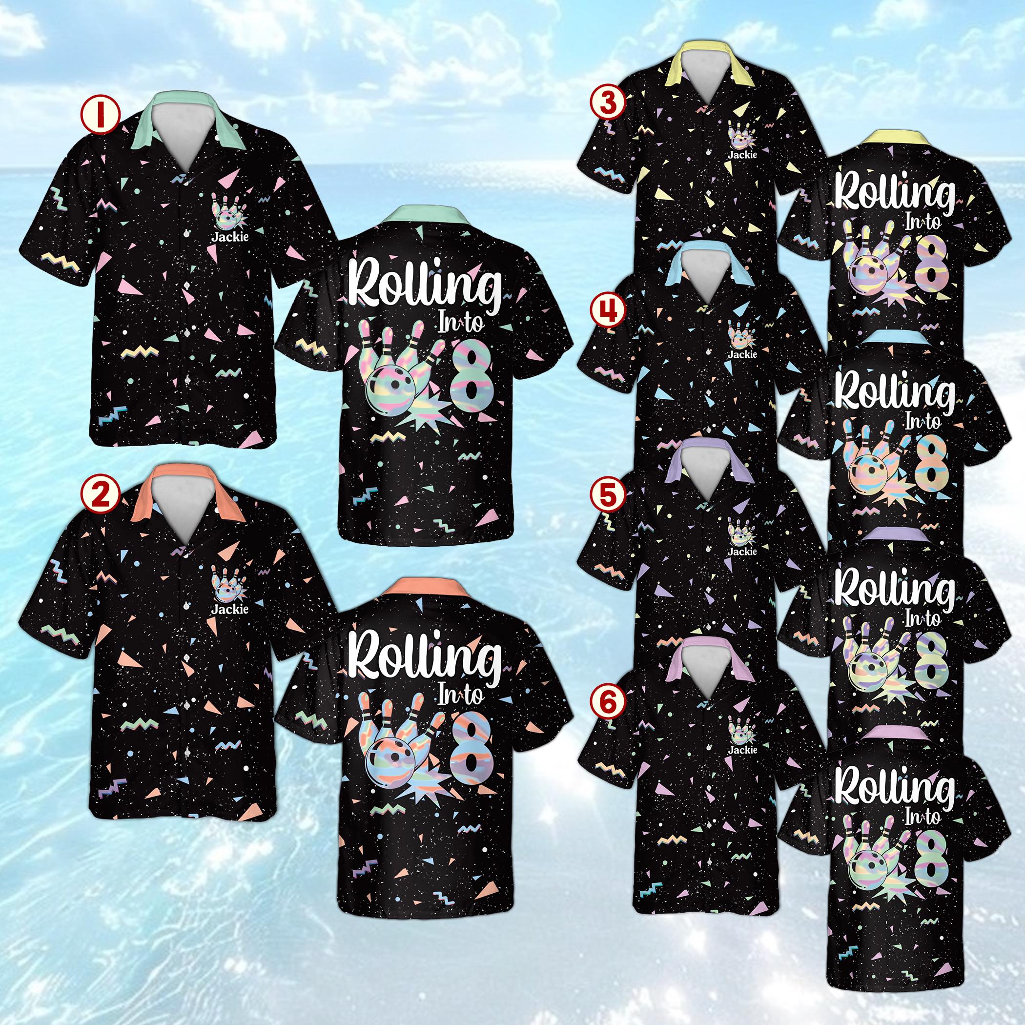 Discover Custom Rolling Into Birthday Hawaiian Shirt, 80s Geometric Gradient Birthday Shirt for Boys Girls, Vintage Bowler League Uniform Gift