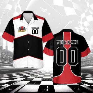 Anpassad racing Hawaiiskjorta, personligt namnnummer Motorsport Aloha-skjorta, rutig flagga-teamskjorta, racingfödelsedagsfestoutfit
