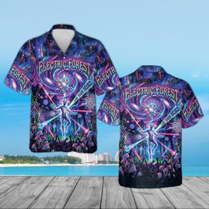 Camisa hawaiana Electric Forest, top Aloha rave psicodélico, festival de galaxia surrealista, ropa de fiesta con hongos psicodélicos, ropa EDM para perder la cabeza