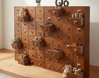 Rustic Brown Apothecary Cabinet – 64-Drawer Pine Wood Storage Box with Label Holders, Vintage-Style Organizer