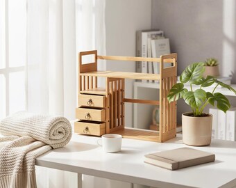 Wood Desktop Organizer Shelf with Drawers