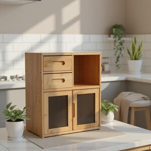 May include: A light brown wooden cabinet with two drawers, an open shelf, and two glass-paneled doors. The cabinet is on a white countertop in a kitchen setting. The drawers have curved handles.