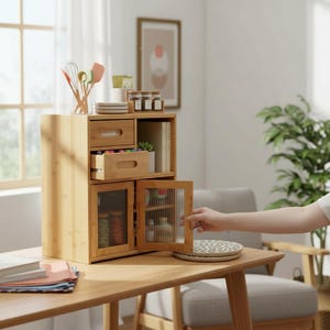 May include: A bamboo desk organizer with drawers and a cabinet with glass doors. The organizer has a natural wood finish and is filled with office supplies, small jars, and decorative items. The cabinet door is being opened.