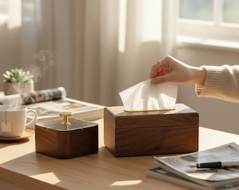 Black Walnut Magnetic Tissue Box with Ashtray for Tabletop