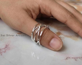 Handcrafted Sterling Silver Abstract Cage Ring, Modern Openwork Band