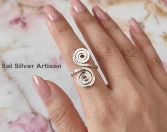 Sterling Silver Spiral Ring, Adjustable Swirl, Handmade Boho