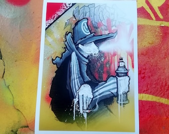 EXHALE - smoke graffiti character A4 art print of an original canvas painting cannabis smoker