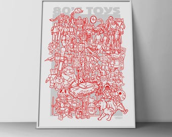 May include: A framed poster featuring a red line art illustration of various 1980s action figures, vehicles, and characters. The text 80'S TOYS is printed in grey at the top. The design is composed of numerous detailed toy outlines on a light background.