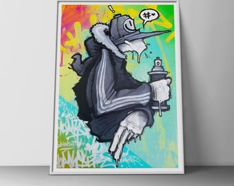 May include: A framed art print featuring a stylized graffiti character wearing a hooded jacket and cap, holding a spray paint can. The figure is rendered in shades of gray against a vibrant, multi-colored background with abstract paint splatters.