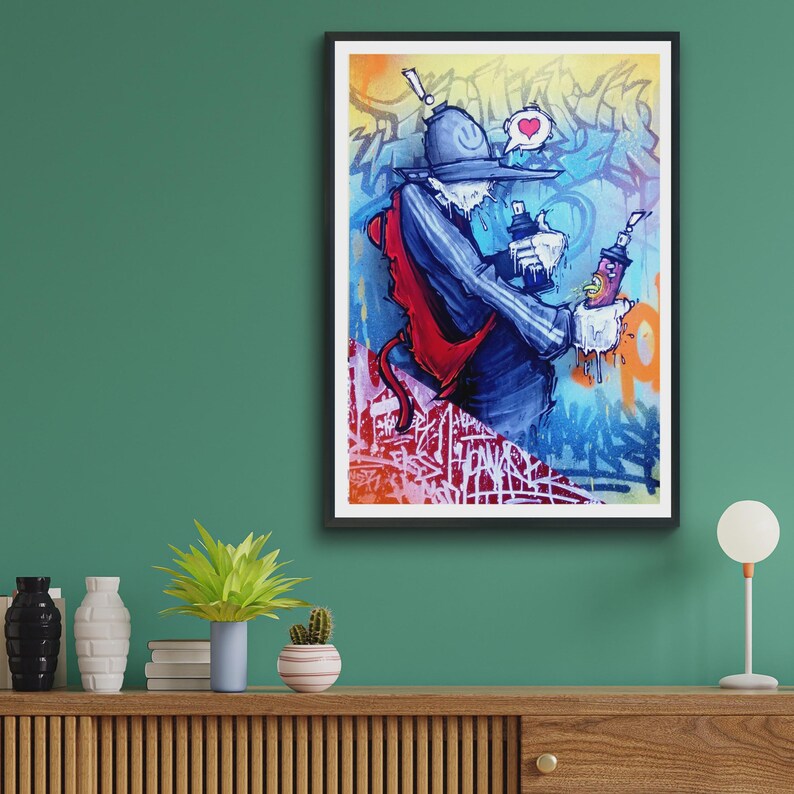 Graffiti Robot Spray Can Art Print, Original Urban Street Art Poster, Gift for Him