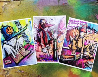 HOAKSER Drippy Faced Graffiti Print Set - signed A4 art prints with stickers