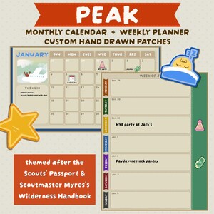 Puede incluir: Un calendario mensual y un planificador semanal con parches dibujados a mano. El calendario está tematizado con el Pasaporte de los Scouts y el Manual de Supervivencia de Scoutmaster Myres. Incluye una lista de tareas y una semana de enero.