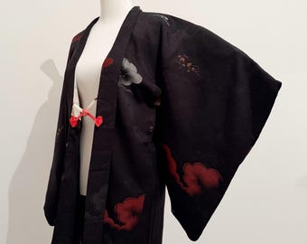 Vintage Japanese Black Silk Haori Jacket, Cloud Motifs, Kamon Crest - H0094