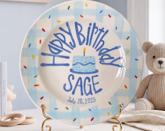 Hand-Painted Ceramic Birthday Plate, Blue Gingham Border with Sprinkles, Custom Name Keepsake, Toddler Gift | B011
