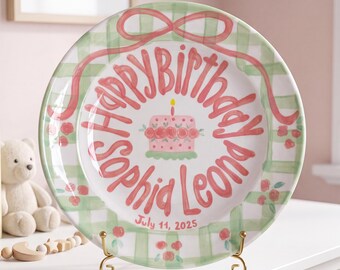 Custom Pink Bow Birthday Plate, Gingham Plaid Personalized Ceramic, Handpainted Roses Keepsake Plate, Coquette Aesthetic Decor | B001