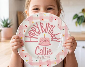 Pink Gingham Birthday Plate, Hand-Painted Colorful Sprinkles Ceramic Keepsake, Personalized Name & Date, Girl Party Decor | B087