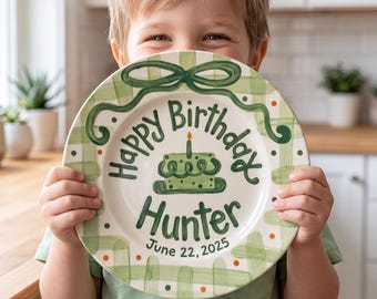 Sage Green Gingham Birthday Plate, Hand-Painted Green Bow Ceramic Keepsake, Personalized Name & Date, Boy Party Decor | B052