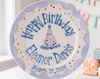 Plato de cumpleaños personalizado, recuerdo de cuadros vichy azules con borde festoneado, primer regalo para niños / B072