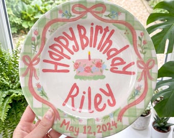 Sage Green Gingham Birthday Plate, Hand-Painted Pink Bow Ribbon Ceramic Keepsake, Custom Name & Date, Girl Gift | B095