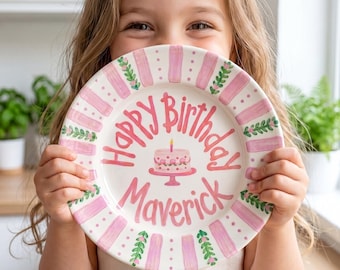 Pink Striped Birthday Plate, Hand-Painted Floral Sprigs Ceramic Keepsake, Personalized Name Dish, Coquette Party Decor | B089