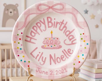 Pink Gingham Birthday Plate, Hand-Painted Pink Bow Ceramic Keepsake, Personalized Name & Date, Girl Party Decor | B051