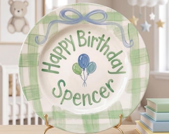 Custom Name Balloons Birthday Plate, Hand-Painted Green Gingham Border, Personalized Ceramic Keepsake, Boy Gift | B086