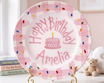 Personalized Birthday Plate, Custom Name Ceramic Keepsake Plate, Hand Painted Pink Gingham Birthday Gift for Kids, 1st Birthday Decor | B097