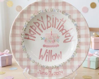 Personalized Birthday Plate | Pink Gingham Floral Cake Design, Custom Name Keepsake Plate | B065